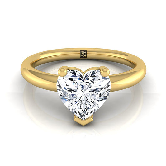 14K Yellow Gold Heart Shape Center Rounded Comfort Fit Solitaire Engagement Ring