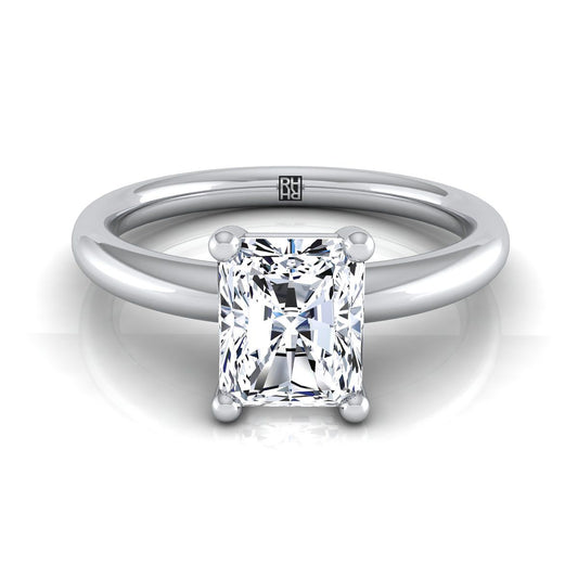 18K White Gold Radiant Cut Center Rounded Comfort Fit Solitaire Engagement Ring