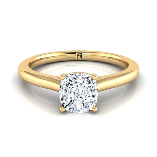 18K Yellow Gold Cushion  Pinched Comfort Fit Claw Prong Solitaire Engagement Ring
