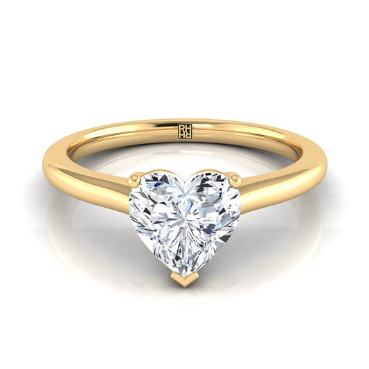 18K Yellow Gold Heart Shape Center  Pinched Comfort Fit Claw Prong Solitaire Engagement Ring