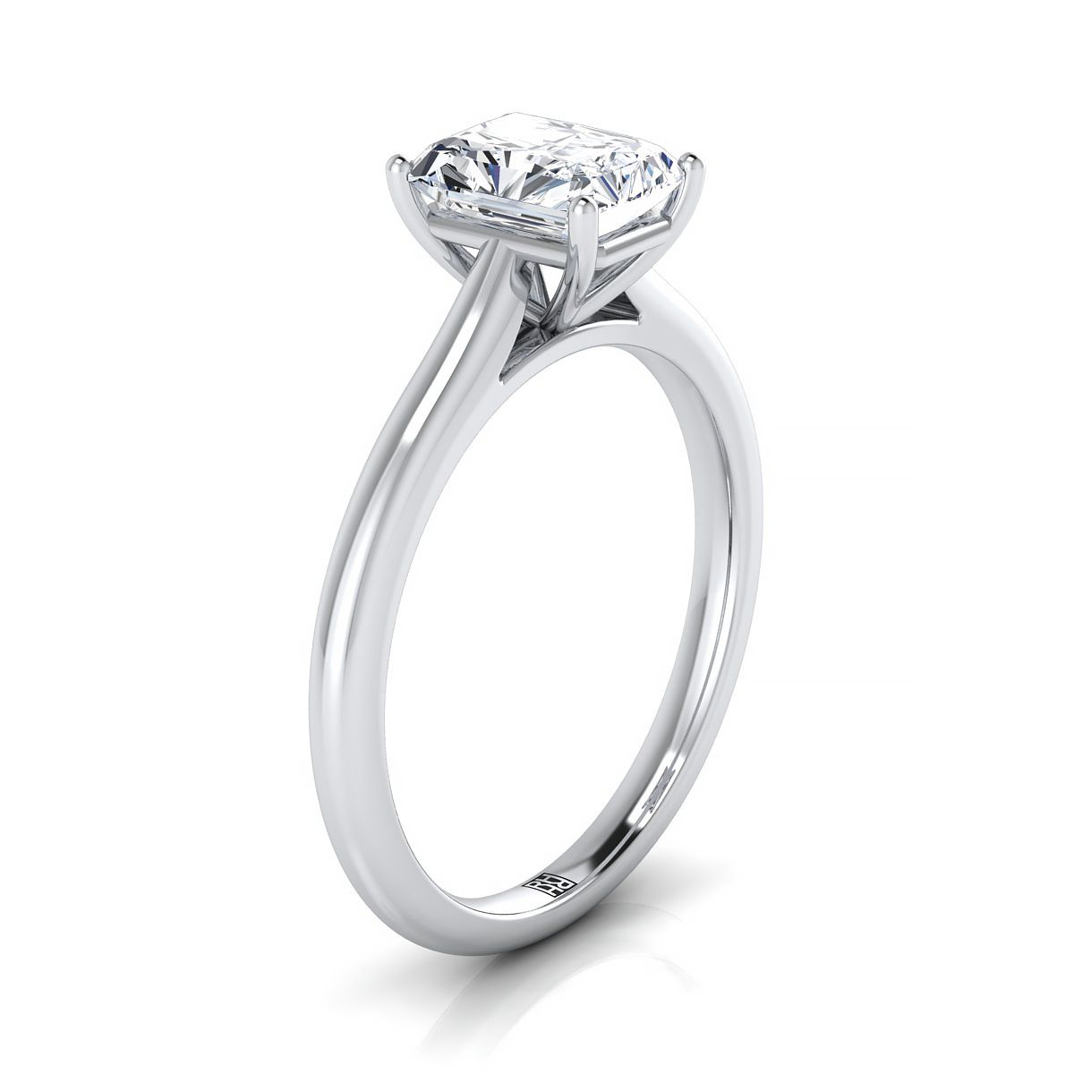 18K White Gold Radiant Cut Center  Pinched Comfort Fit Claw Prong Solitaire Engagement Ring
