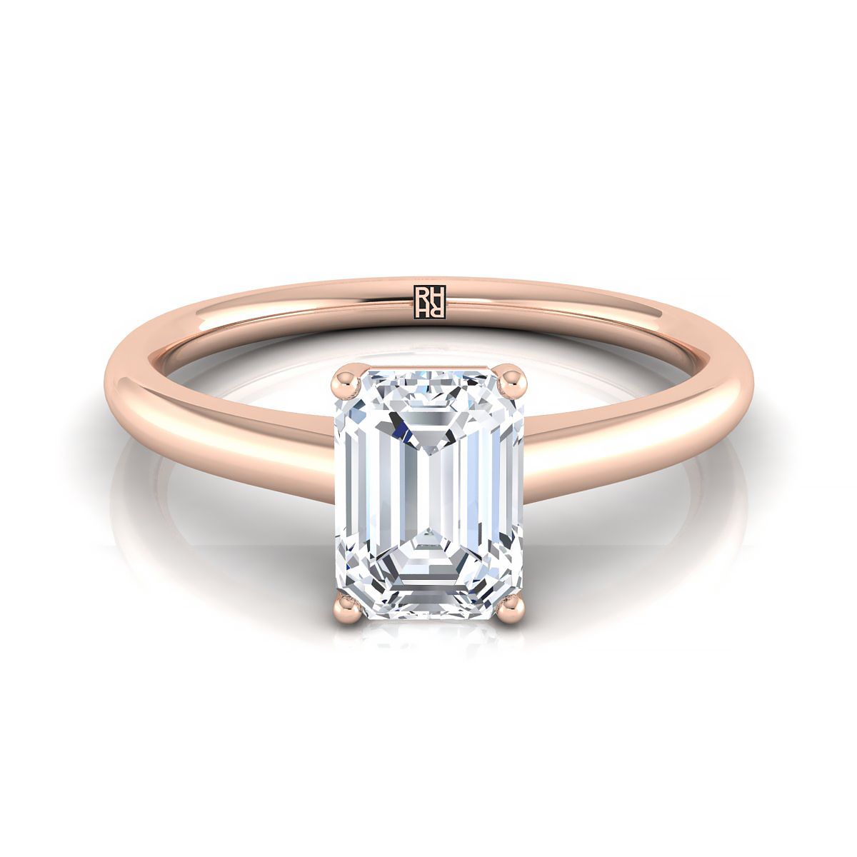 14K Rose Gold Emerald Cut Contemporary Comfort Fit Solitaire Engagement Ring
