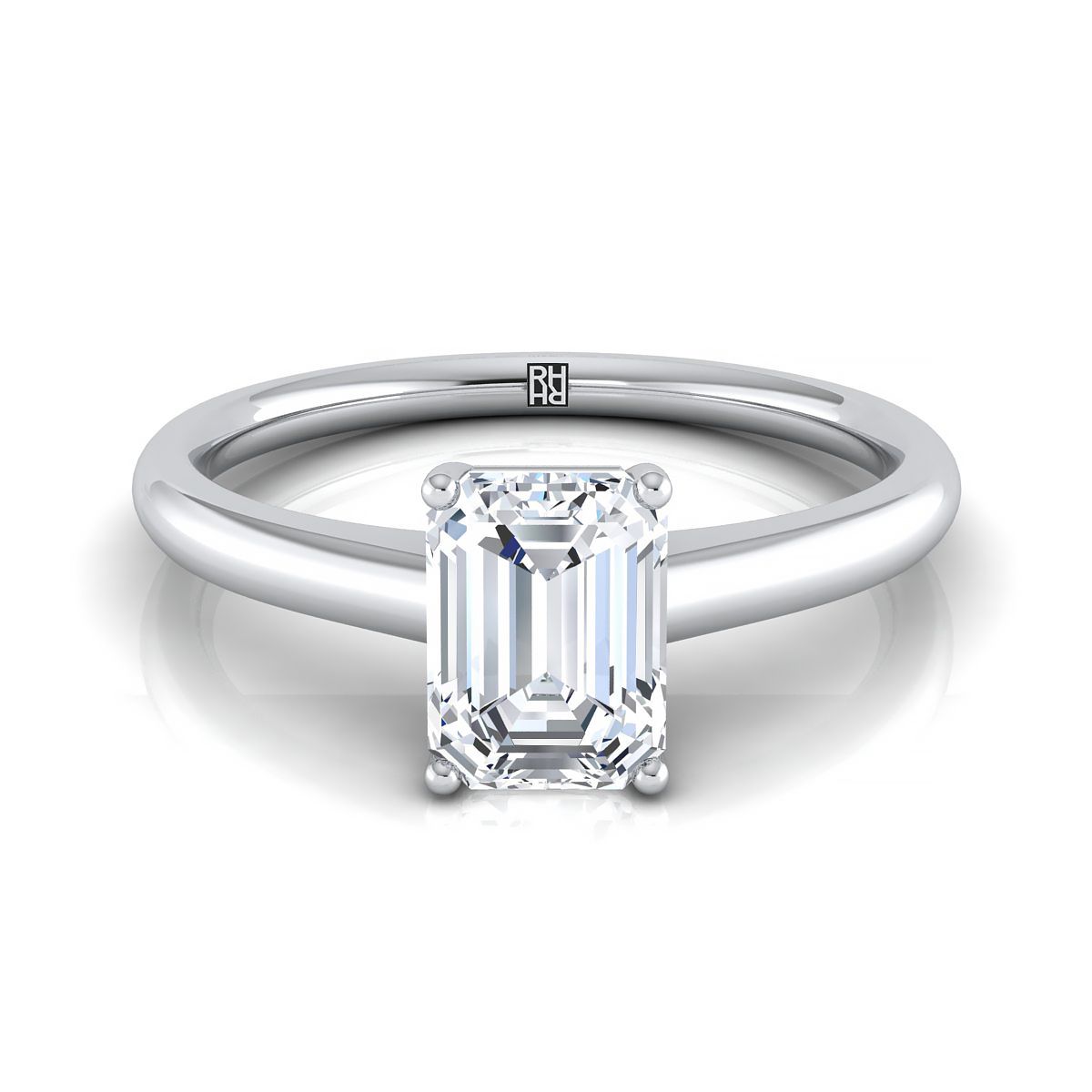 18K White Gold Emerald Cut Contemporary Comfort Fit Solitaire Engagement Ring