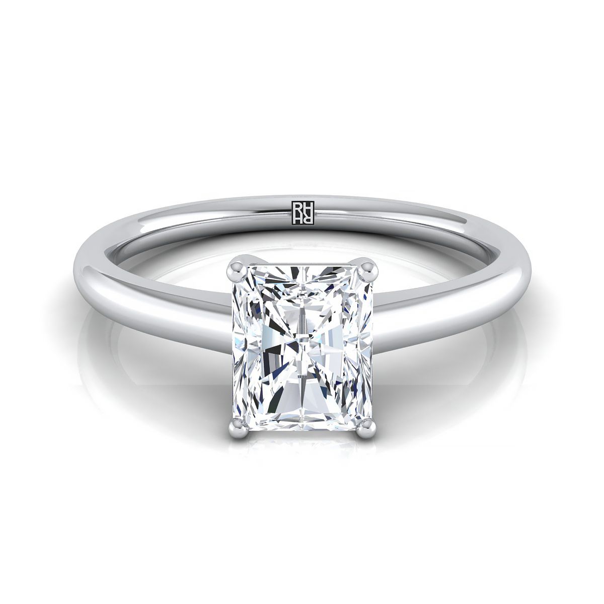 18K White Gold Radiant Cut Center Contemporary Comfort Fit Solitaire Engagement Ring
