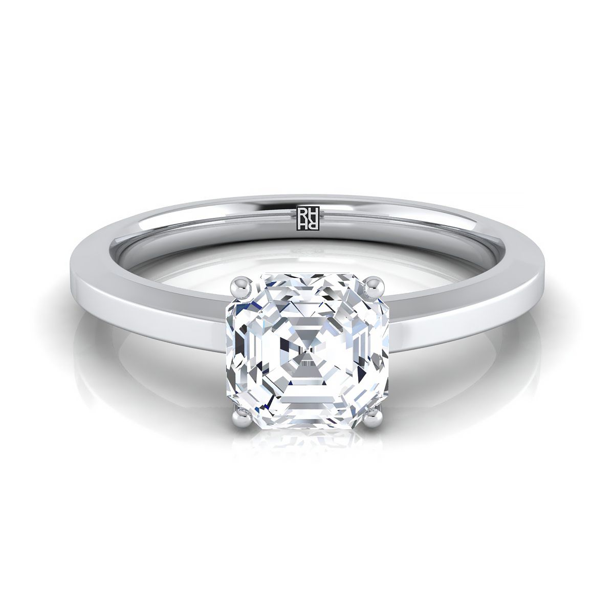 18K White Gold Asscher Cut  Beveled Edge Comfort Style Bright Finish Solitaire Engagement Ring