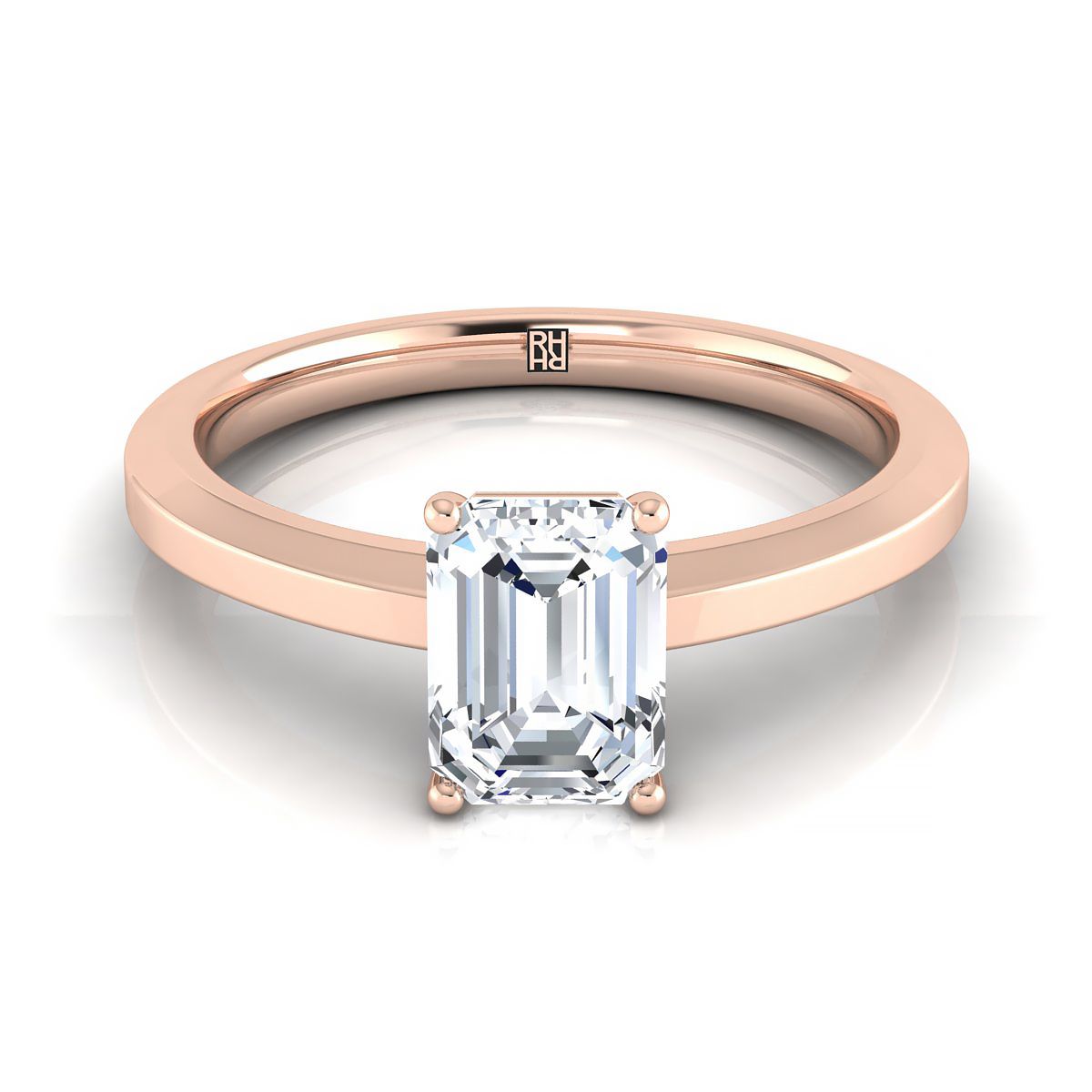 14K Rose Gold Emerald Cut  Beveled Edge Comfort Style Bright Finish Solitaire Engagement Ring