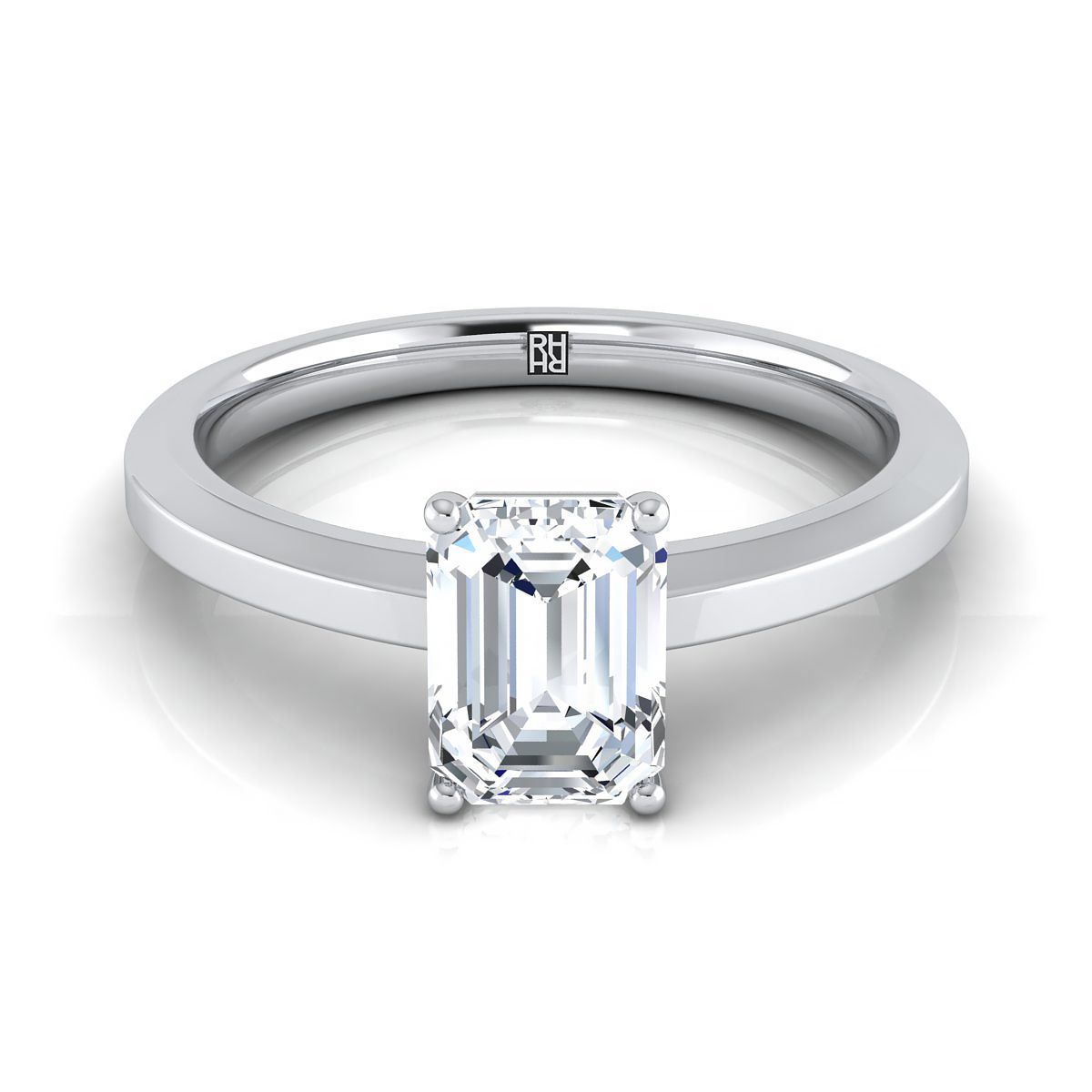 14K White Gold Emerald Cut  Beveled Edge Comfort Style Bright Finish Solitaire Engagement Ring