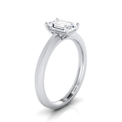 18K White Gold Emerald Cut  Beveled Edge Comfort Style Bright Finish Solitaire Engagement Ring