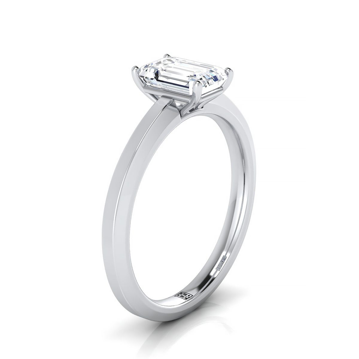 14K White Gold Emerald Cut  Beveled Edge Comfort Style Bright Finish Solitaire Engagement Ring