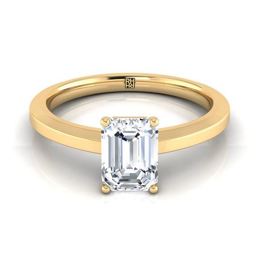 18K Yellow Gold Emerald Cut  Beveled Edge Comfort Style Bright Finish Solitaire Engagement Ring
