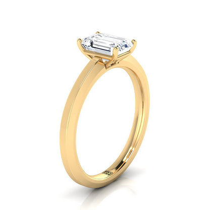 18K Yellow Gold Emerald Cut  Beveled Edge Comfort Style Bright Finish Solitaire Engagement Ring