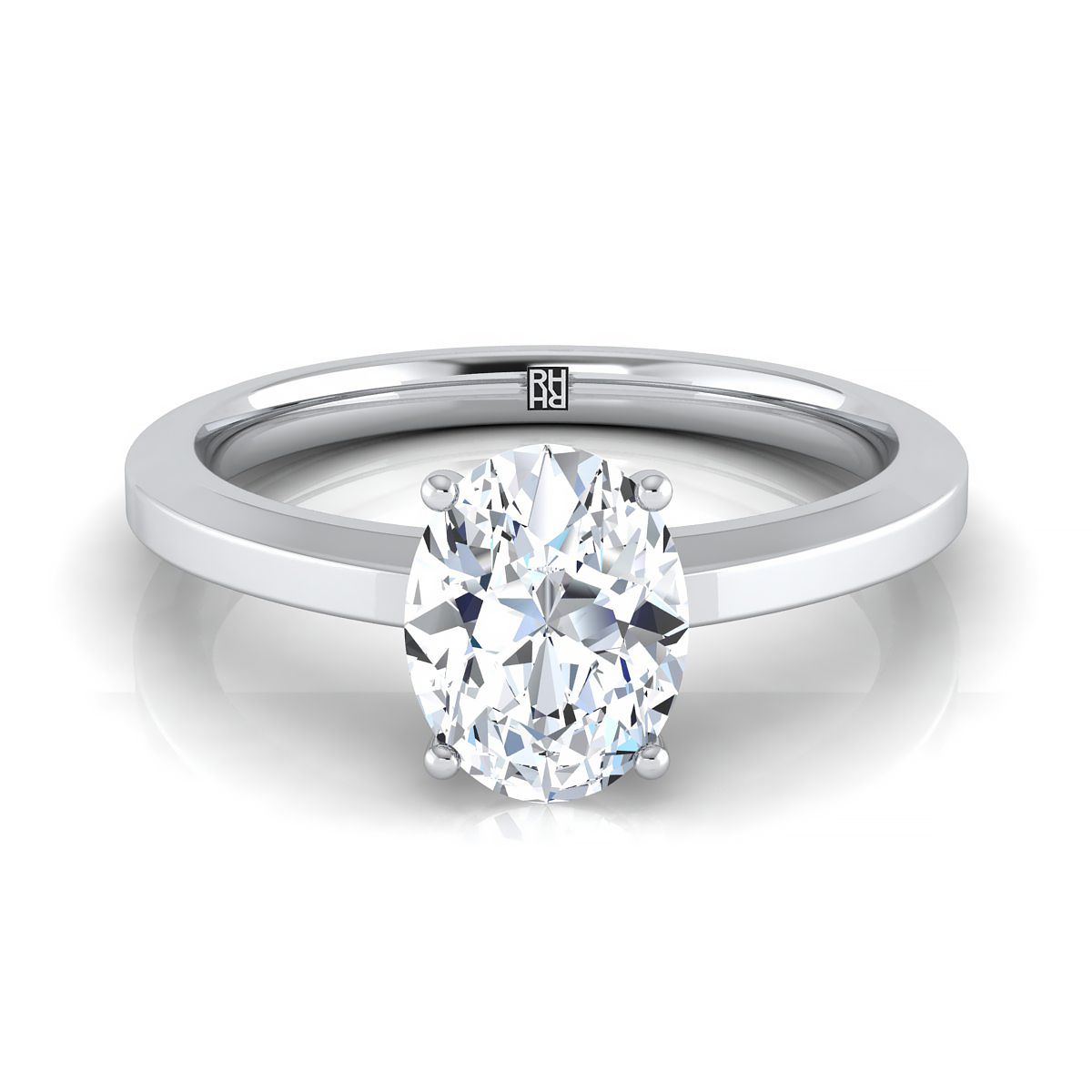 14K White Gold Oval  Beveled Edge Comfort Style Bright Finish Solitaire Engagement Ring