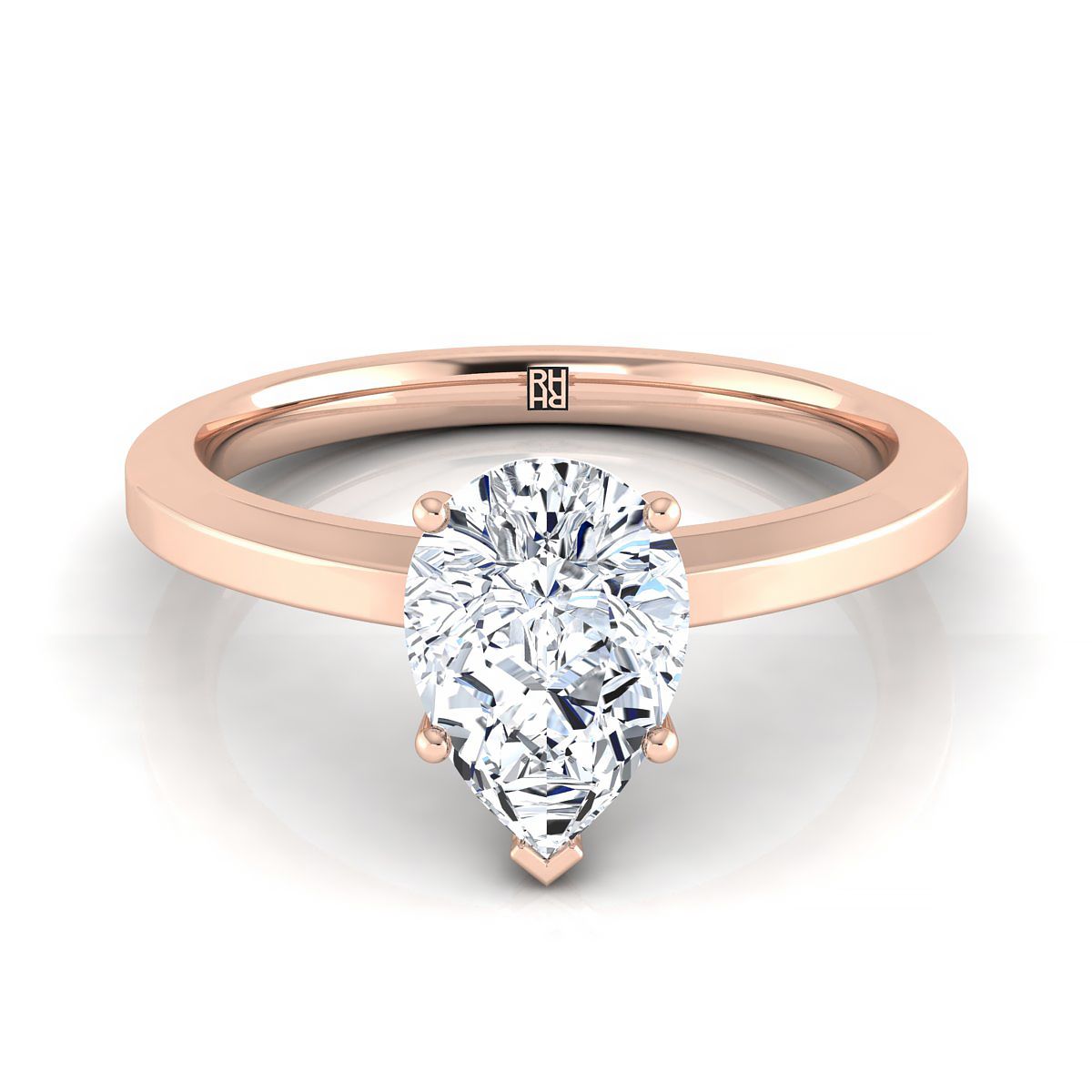 14K Rose Gold Pear Shape Center  Beveled Edge Comfort Style Bright Finish Solitaire Engagement Ring