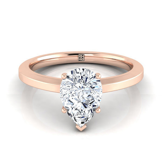 14K Rose Gold Pear Shape Center  Beveled Edge Comfort Style Bright Finish Solitaire Engagement Ring