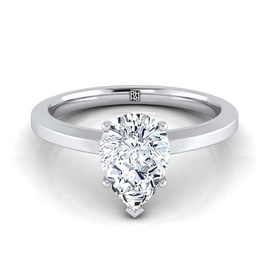 18K White Gold Pear Shape Center  Beveled Edge Comfort Style Bright Finish Solitaire Engagement Ring