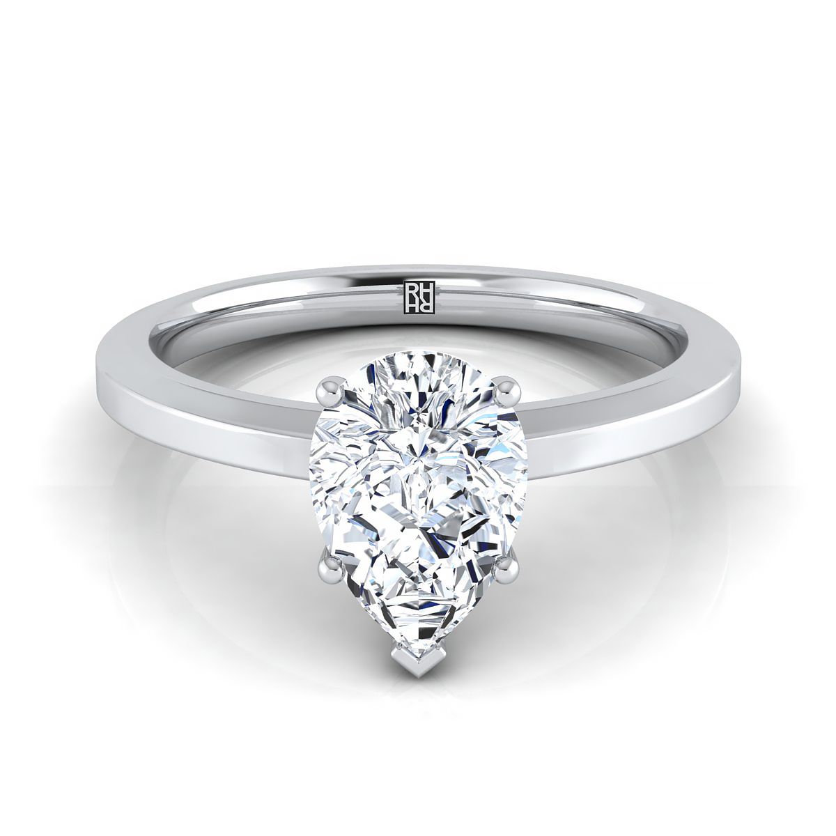 14K White Gold Pear Shape Center  Beveled Edge Comfort Style Bright Finish Solitaire Engagement Ring