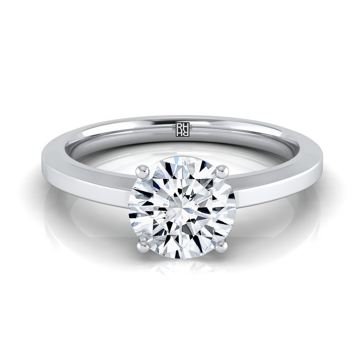 14K White Gold Round Brilliant  Beveled Edge Comfort Style Bright Finish Solitaire Engagement Ring