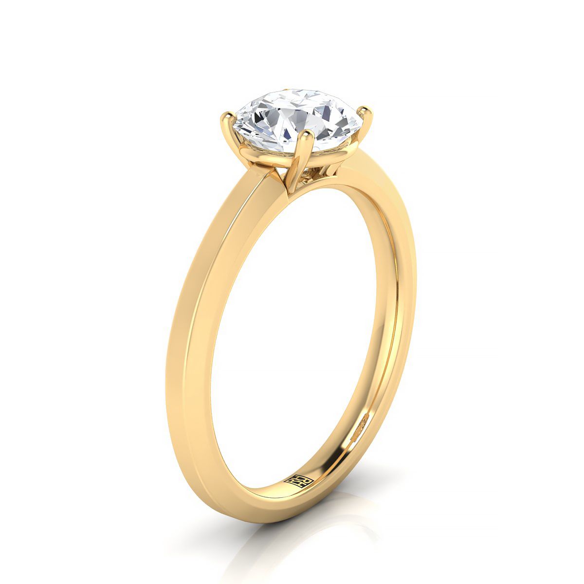 14K Yellow Gold Round Brilliant  Beveled Edge Comfort Style Bright Finish Solitaire Engagement Ring