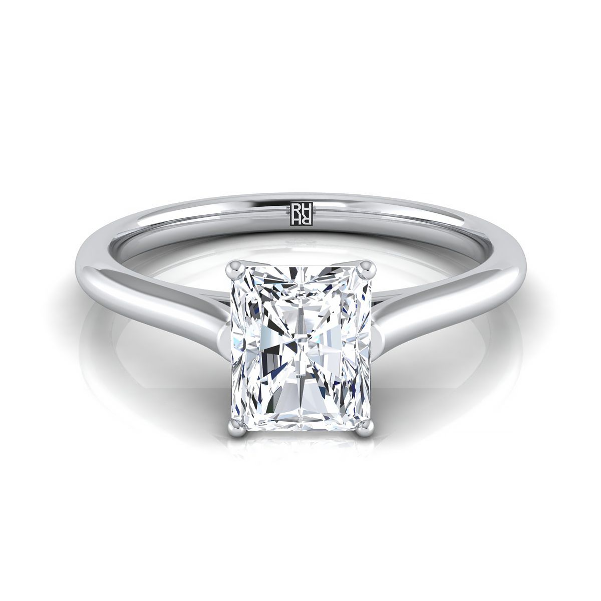 18K White Gold Radiant Cut Center  Cathedral Style Comfort Fit Solitaire Engagement Ring