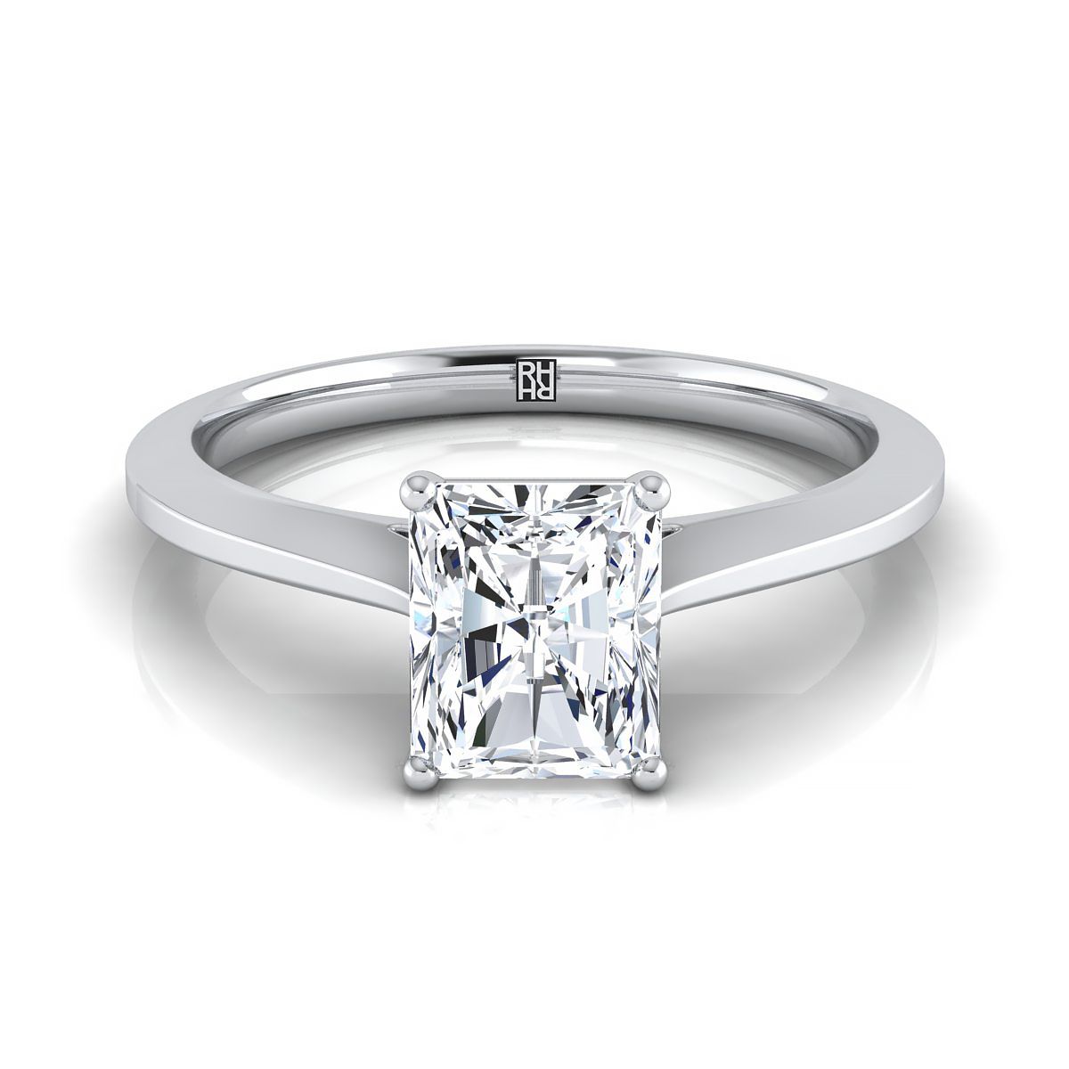 18K White Gold Radiant Cut Center  Timeless Solitaire Comfort Fit Engagement Ring