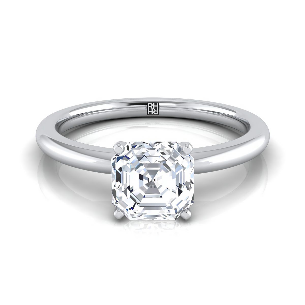 18K White Gold Asscher Cut  Round Comfort Fit Claw Prong Solitaire Engagement Ring