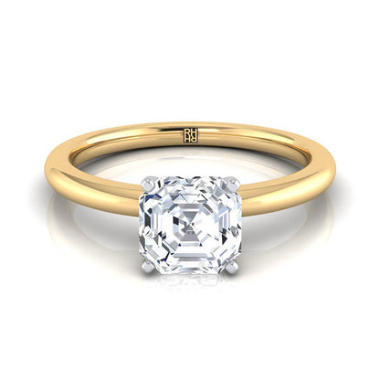 18K Yellow Gold Asscher Cut  Round Comfort Fit Claw Prong Solitaire Engagement Ring