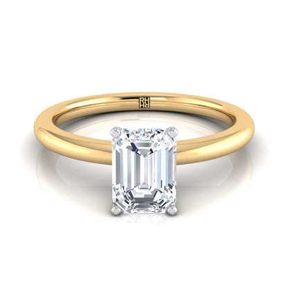 18K Yellow Gold Emerald Cut  Round Comfort Fit Claw Prong Solitaire Engagement Ring