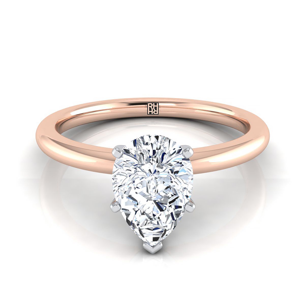 14K Rose Gold Pear Shape Center  Round Comfort Fit Claw Prong Solitaire Engagement Ring