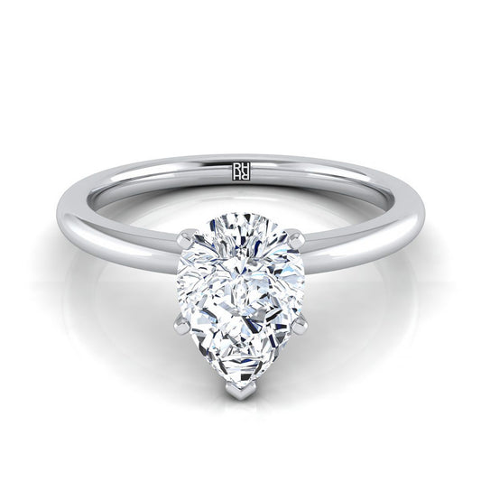 14K White Gold Pear Shape Center  Round Comfort Fit Claw Prong Solitaire Engagement Ring