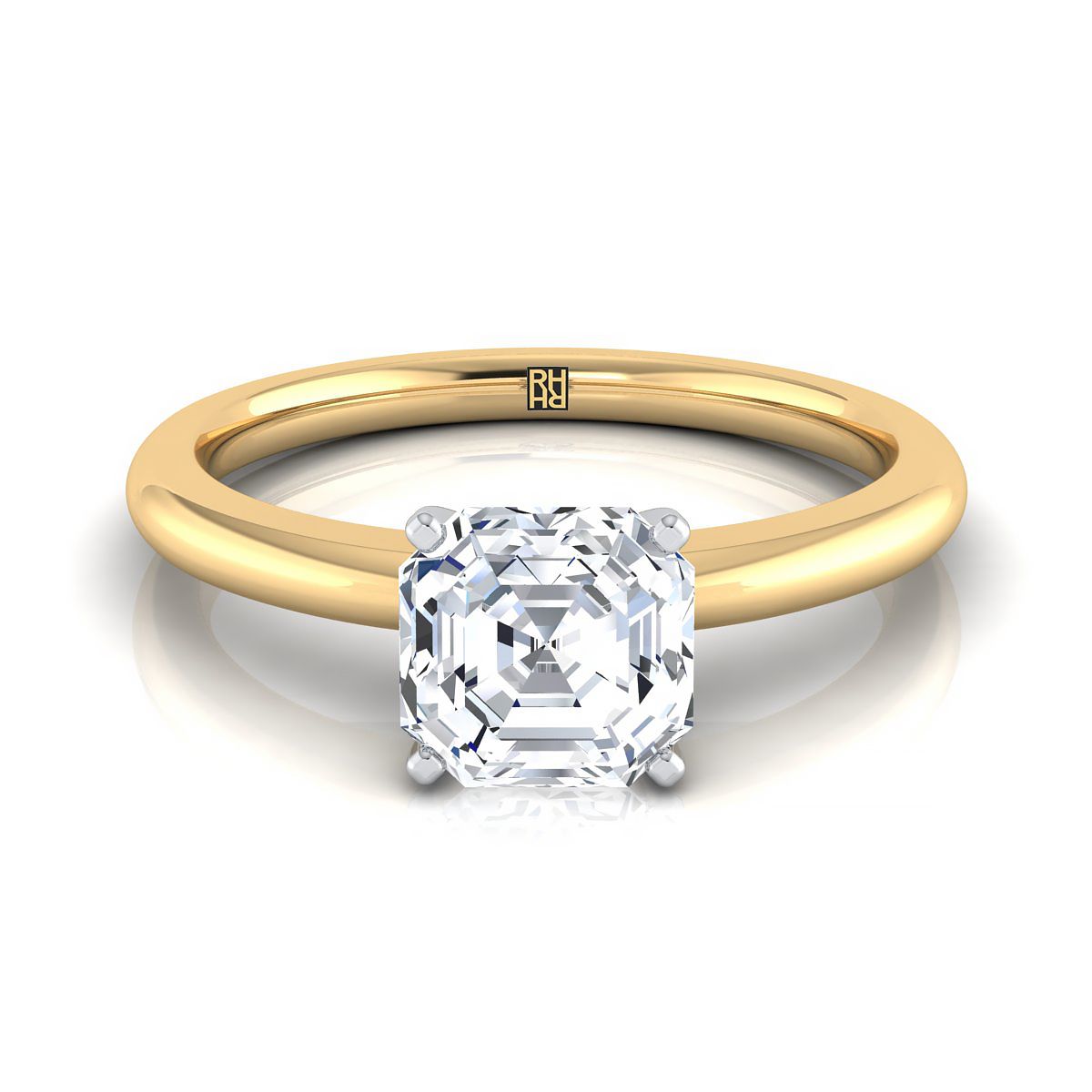 14K Yellow Gold Asscher Cut  Round Comfort Fit Claw Prong Solitaire Engagement Ring