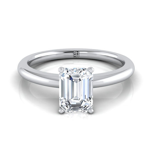14K White Gold Emerald Cut  Round Comfort Fit Claw Prong Solitaire Engagement Ring