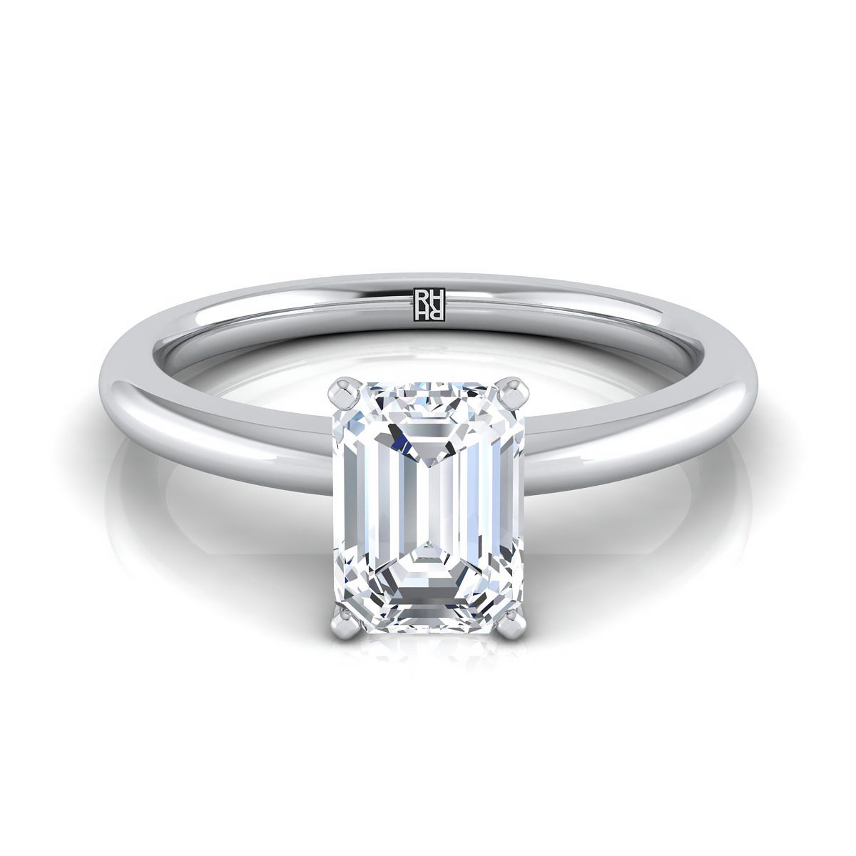 18K White Gold Emerald Cut  Round Comfort Fit Claw Prong Solitaire Engagement Ring