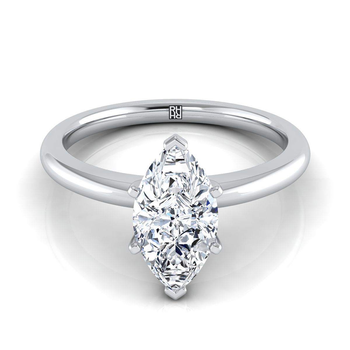 18K White Gold Marquise   Round Comfort Fit Claw Prong Solitaire Engagement Ring