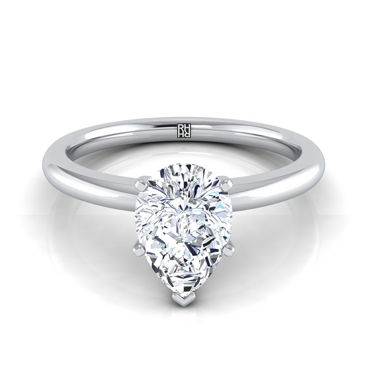 Platinum Pear Shape Center  Round Comfort Fit Claw Prong Solitaire Engagement Ring