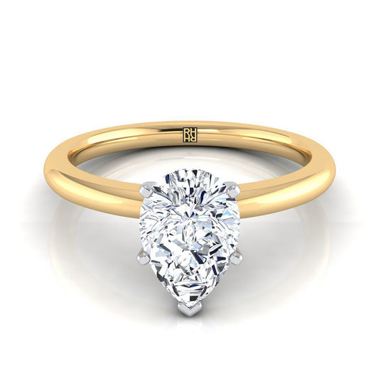 14K Yellow Gold Pear Shape Center  Round Comfort Fit Claw Prong Solitaire Engagement Ring