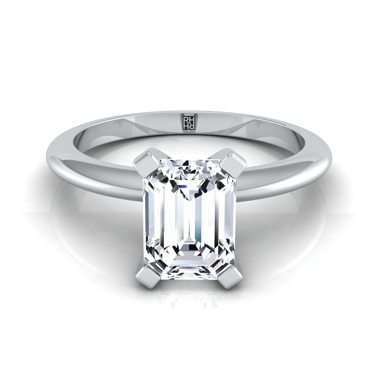 18K White Gold Emerald Cut  Classic Low Base Solitaire Engagement Ring
