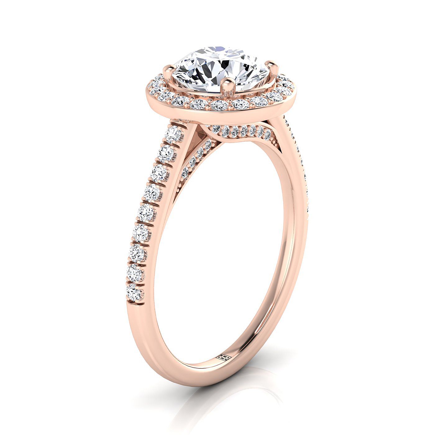 14K Rose Gold Round Brilliant Pink Sapphire French Pave Halo Secret Gallery Diamond Engagement Ring -3/8ctw