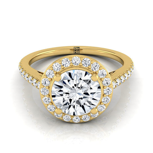 18K Yellow Gold Round Brilliant Diamond French Pave Halo Secret Gallery Diamond Engagement Ring -3/8ctw