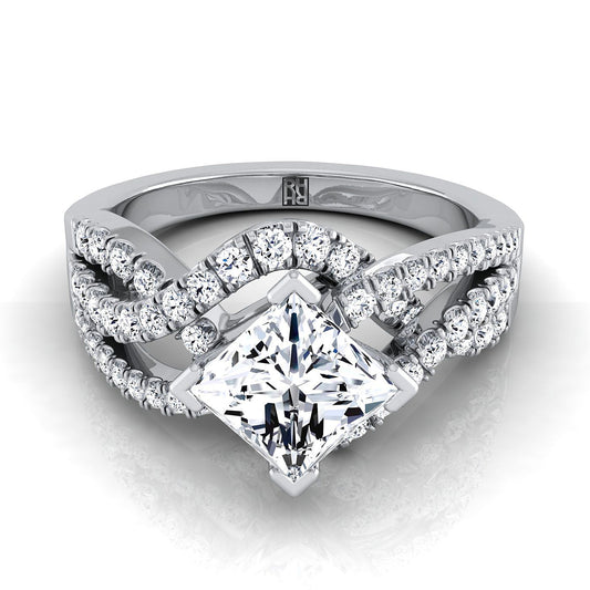 Platinum Princess Cut Bypass Twist French Pave Swirl Diamond Engagement Ring -1/2ctw