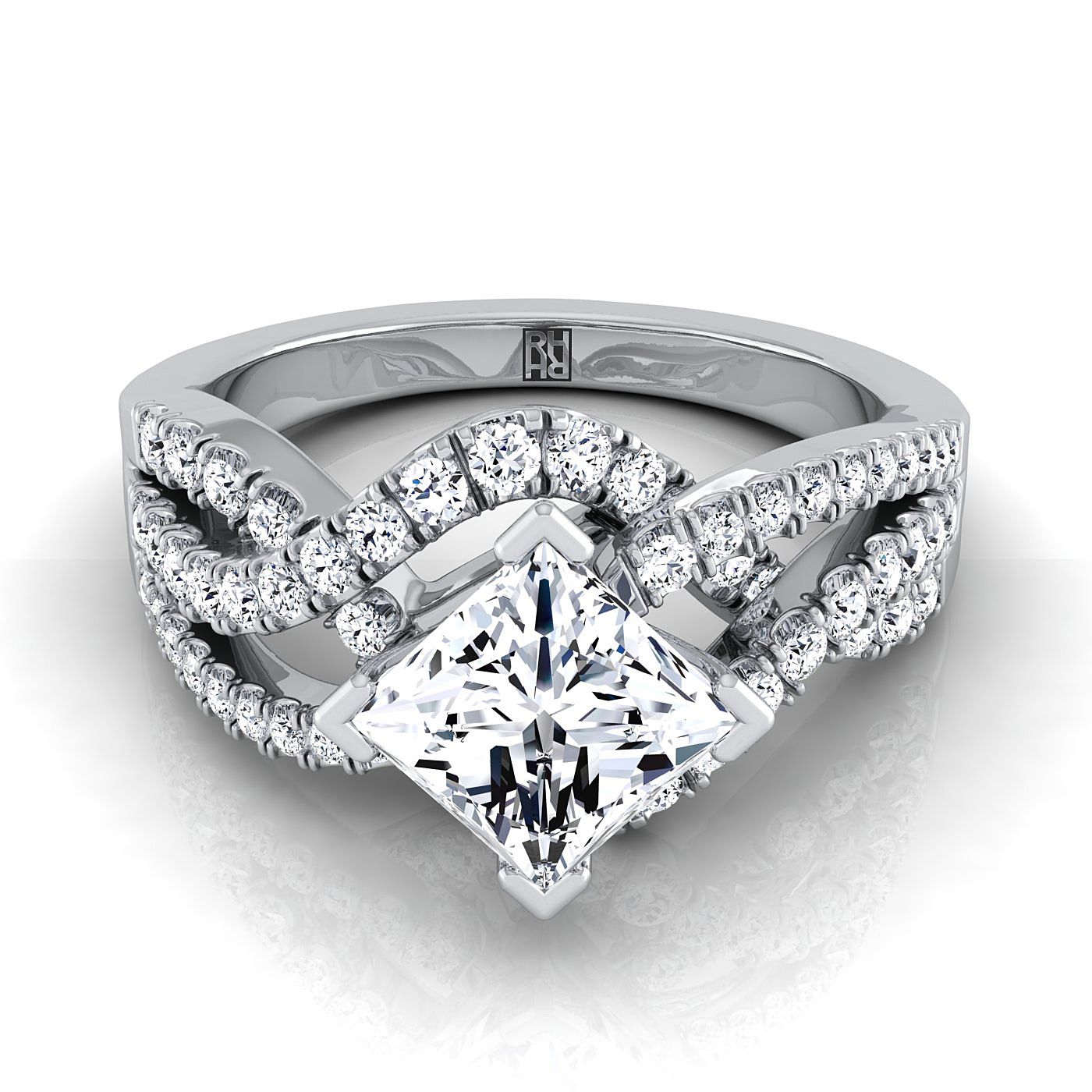 18K White Gold Princess Cut Diamond Bypass Twist French Pave Swirl Diamond Engagement Ring -1/2ctw