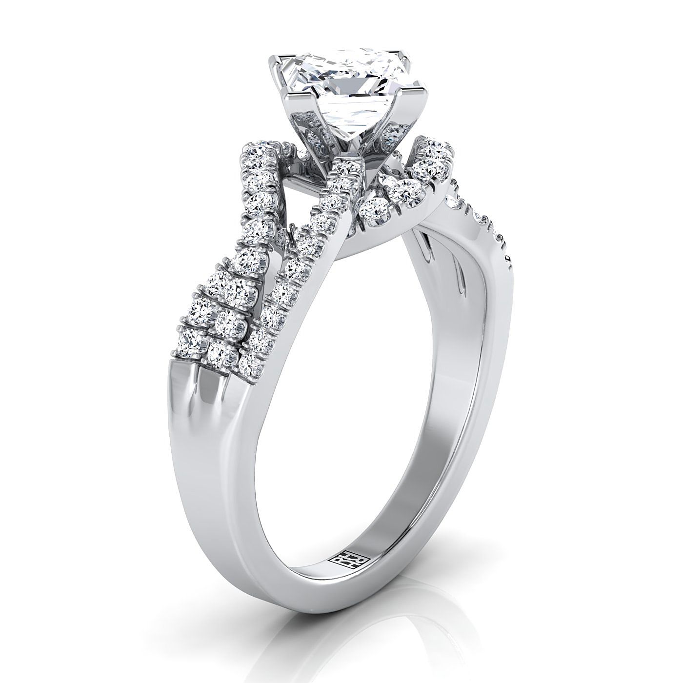 Platinum Princess Cut Bypass Twist French Pave Swirl Diamond Engagement Ring -1/2ctw