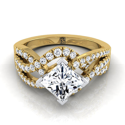 18K Yellow Gold Princess Cut Bypass Twist French Pave Swirl Diamond Engagement Ring -1/2ctw
