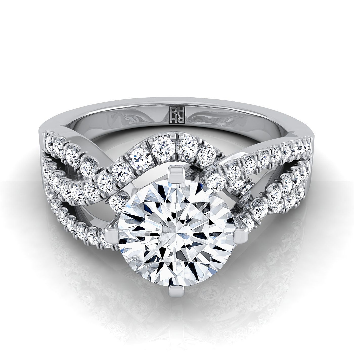 18K White Gold Round Brilliant Diamond Bypass Twist French Pave Swirl Diamond Engagement Ring -1/2ctw
