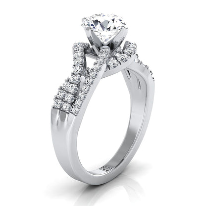 18K White Gold Round Brilliant Diamond Bypass Twist French Pave Swirl Diamond Engagement Ring -1/2ctw