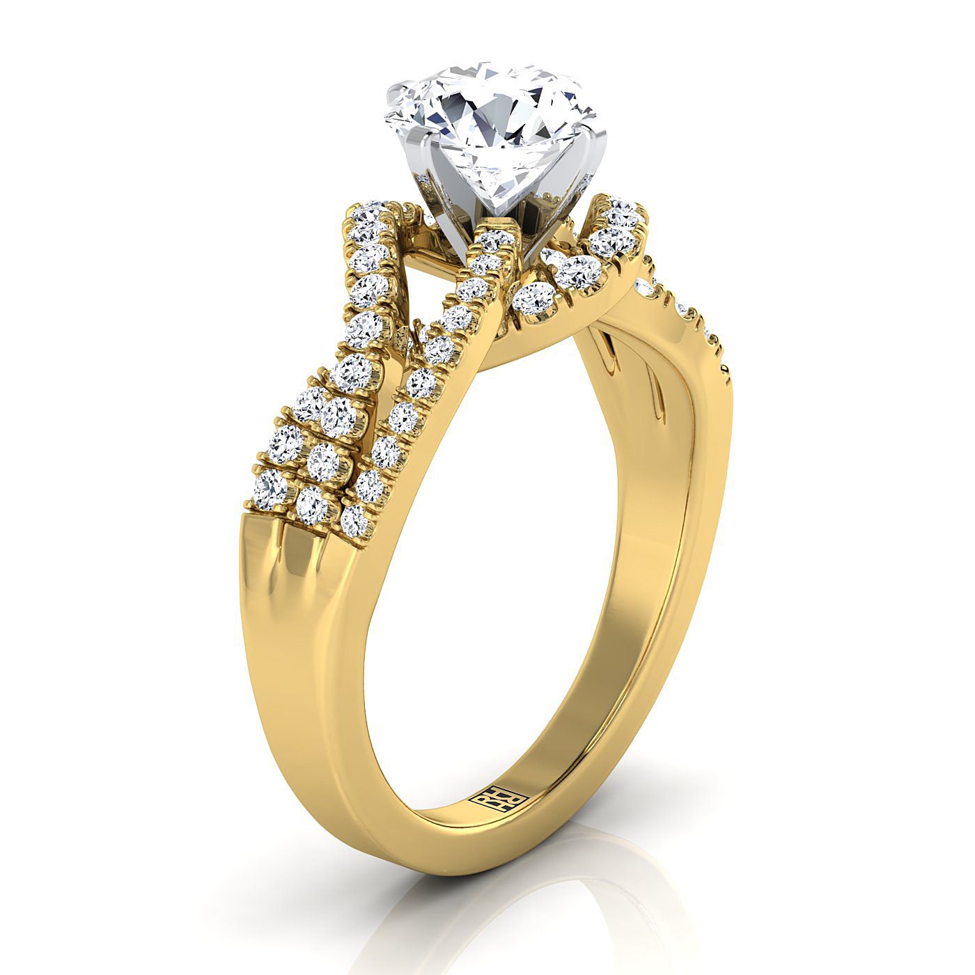 14K Yellow Gold Round Brilliant Bypass Twist French Pave Swirl Diamond Engagement Ring -1/2ctw