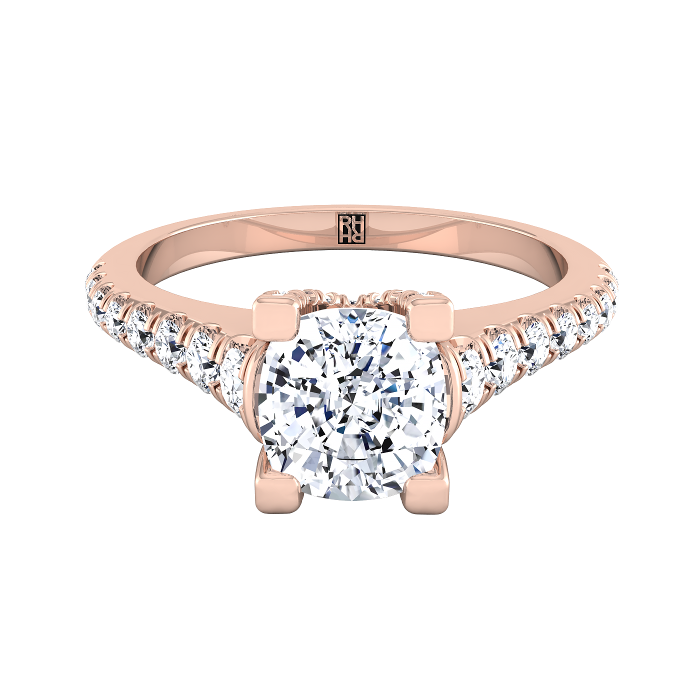 14K Rose Gold Cushion Diamond Pave Prong Linear Engagement Ring -1/2ctw