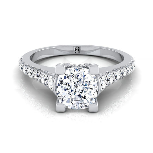 Platinum Cushion Diamond Pave Prong Linear Engagement Ring -1/2ctw