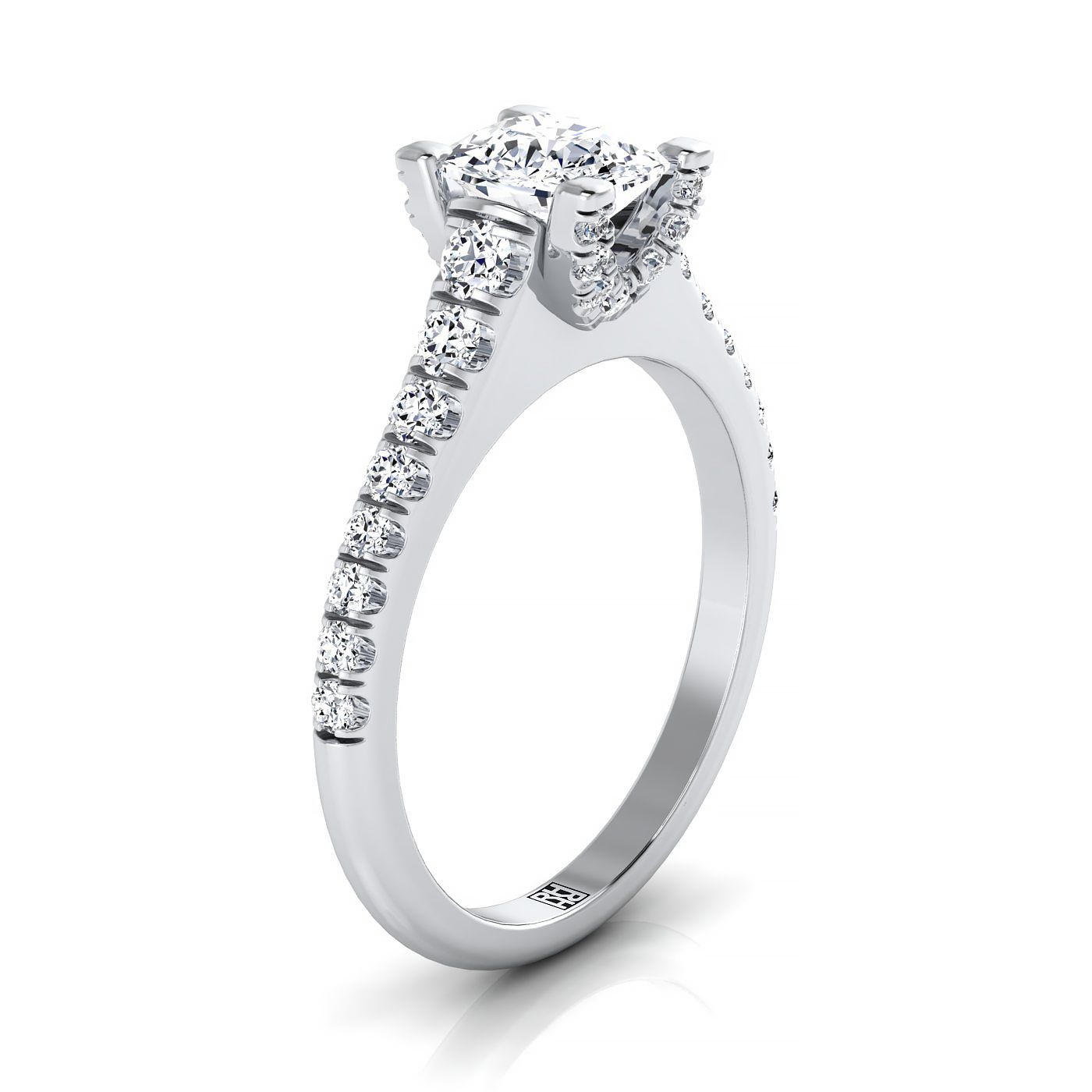 18K White Gold Cushion Diamond Pave Prong Linear Engagement Ring -1/2ctw