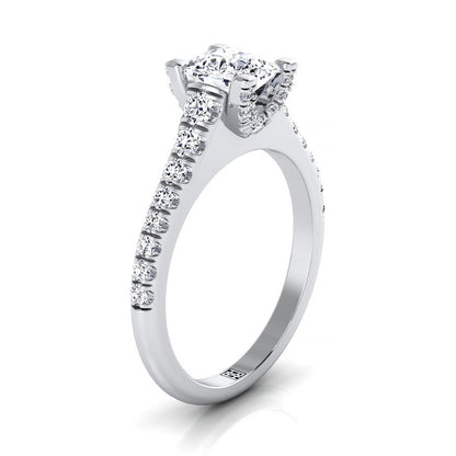 14K White Gold Cushion Diamond Pave Prong Linear Engagement Ring -1/2ctw