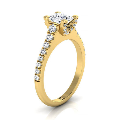 14K Yellow Gold Cushion Diamond Pave Prong Linear Engagement Ring -1/2ctw